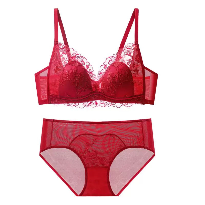 Lightweight Breathable Sexy Lace Bralette Panty Set Seamless Wireless Bunny Ear Cup French Style Minimizing Push Up Bra Comfortable for Large Bust