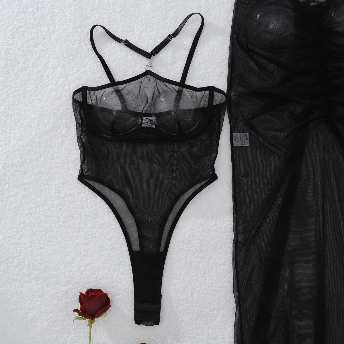 Sexy Designer Sheer Mesh Halter Bodysuit with Transparent Tulle Long Skirt Lingerie Set