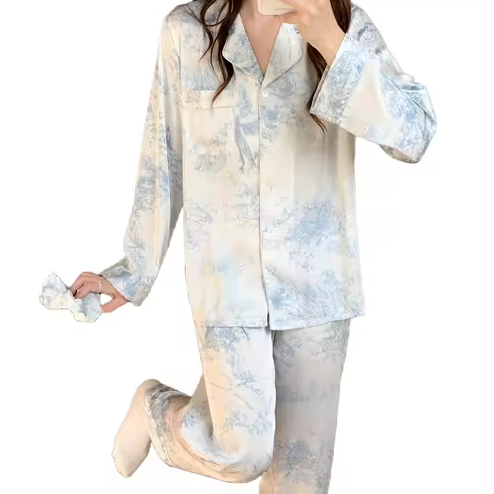 Silk Pajamas Lapel Long Sleeve Pants