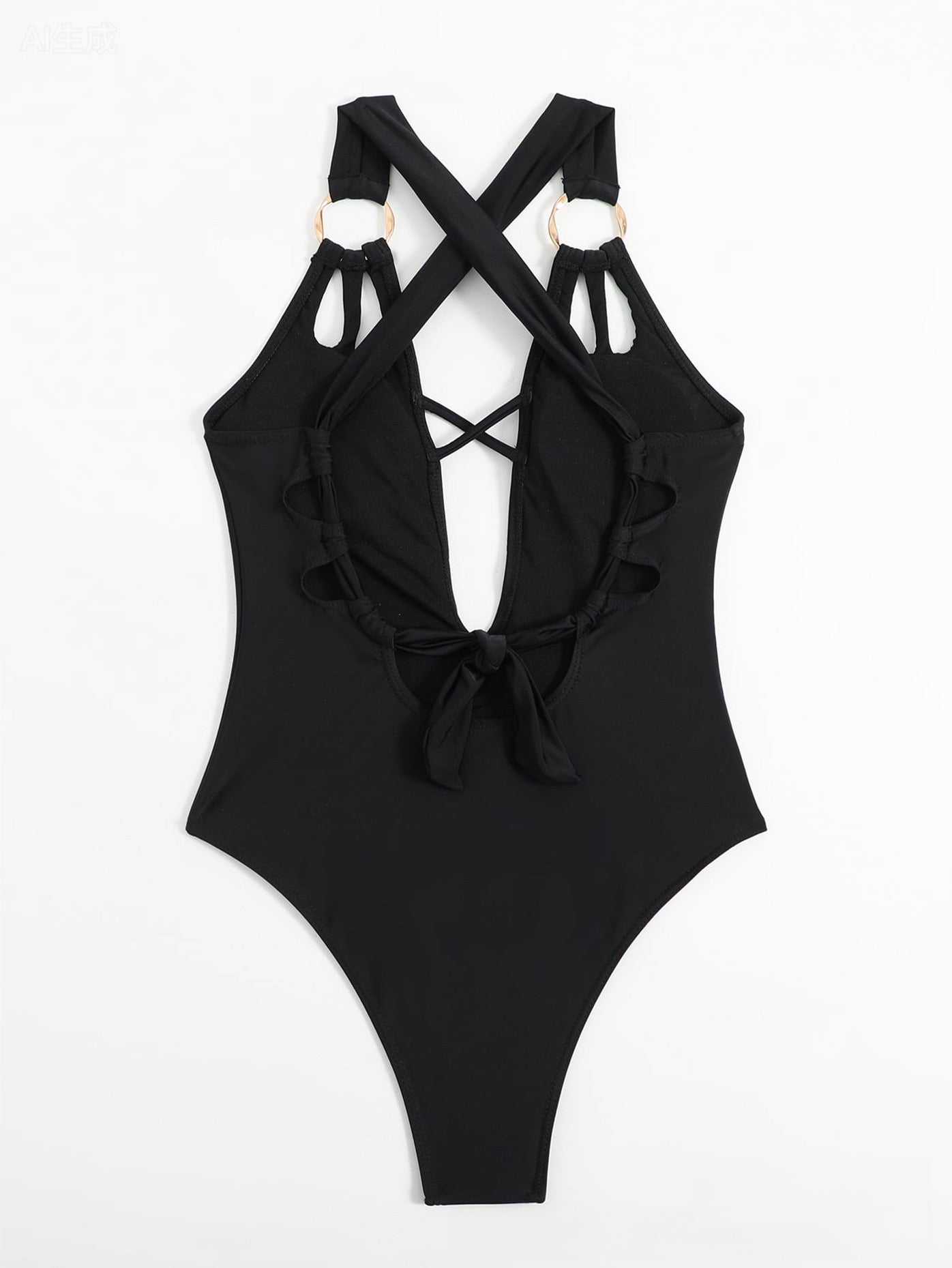 Sexy Solid-Color Back Cut-Out Strappy Bikini One-Piece Swimsuit