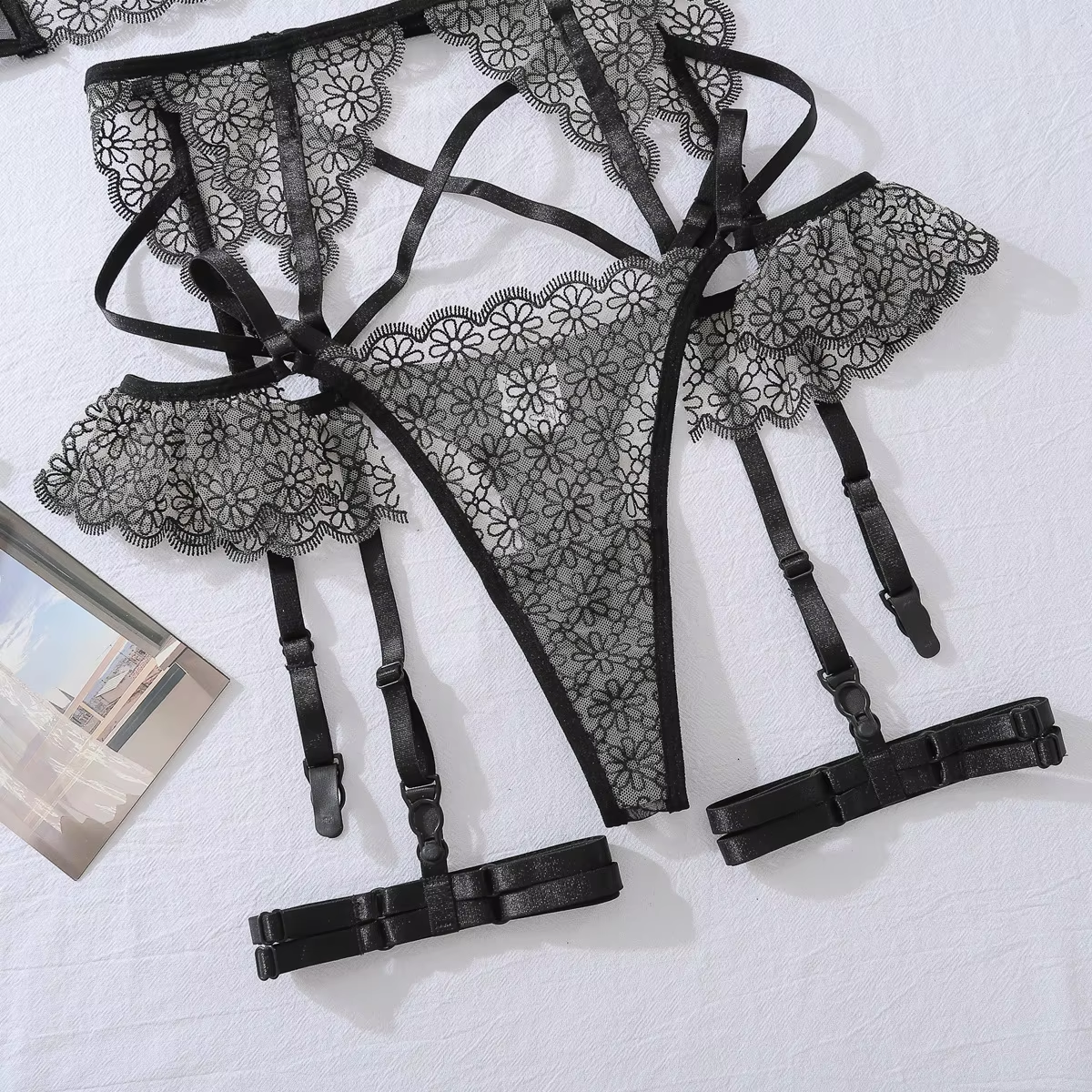 Luxury Lace Trim Hollow Out Contrast Embroidery Small Flower Silk Lingerie