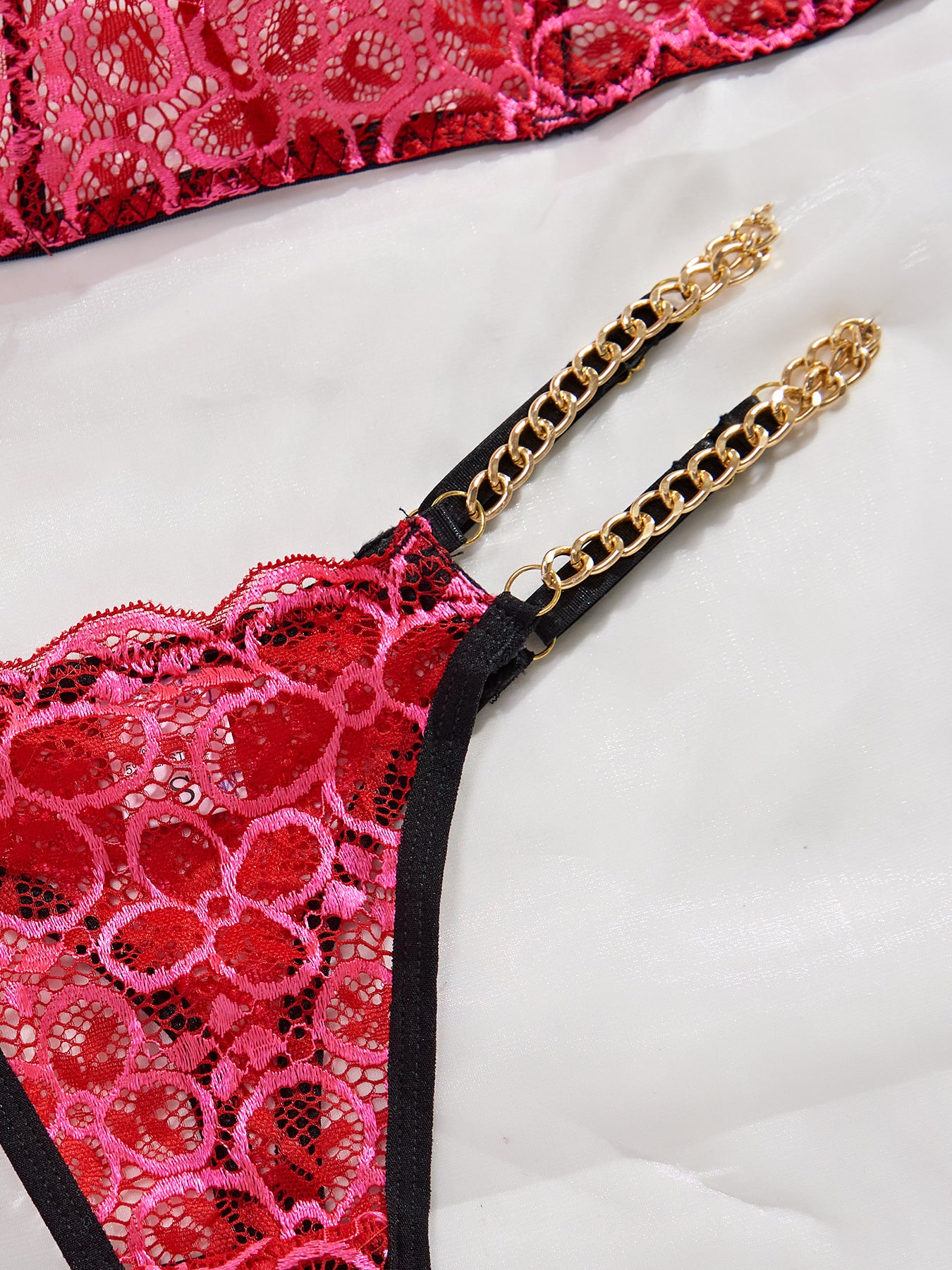 Valentines Day Lace Lingerie Women Hollow Out Sexy Underwear With Chain Floral Sheer Lingerie 2 Pieces Set