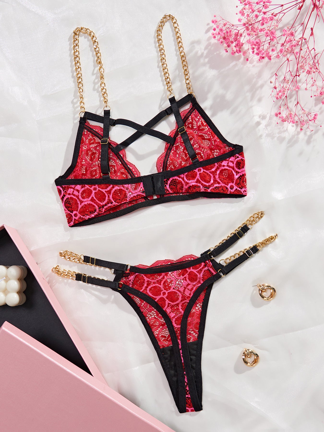 Valentines Day Lace Lingerie Women Hollow Out Sexy Underwear With Chain Floral Sheer Lingerie 2 Pieces Set