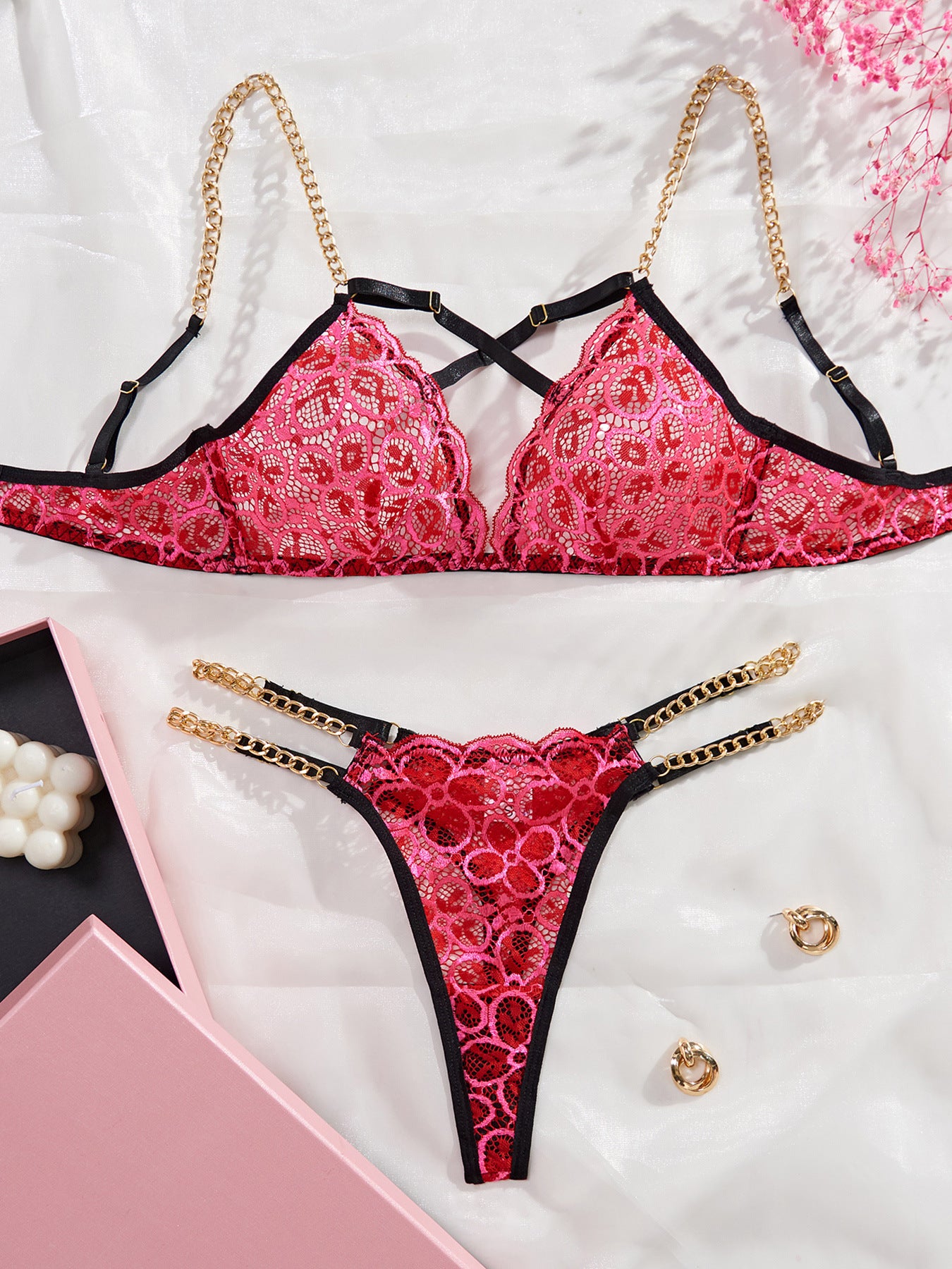 Valentines Day Lace Lingerie Women Hollow Out Sexy Underwear With Chain Floral Sheer Lingerie 2 Pieces Set