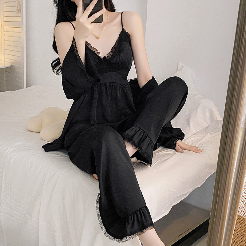Thin Ice Silk V-Neck Women's Pajama Set, High-End Three-Piece Lounge Set Wearable Outdoors
