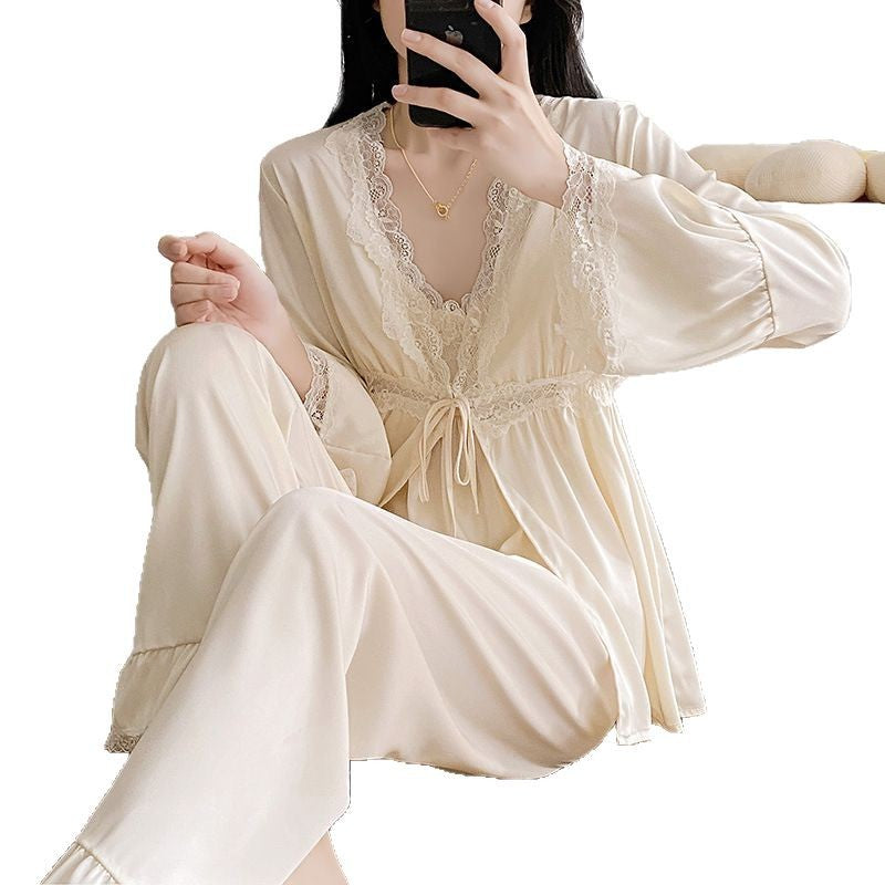 Thin Ice Silk V-Neck Women's Pajama Set, High-End Three-Piece Lounge Set Wearable Outdoors
