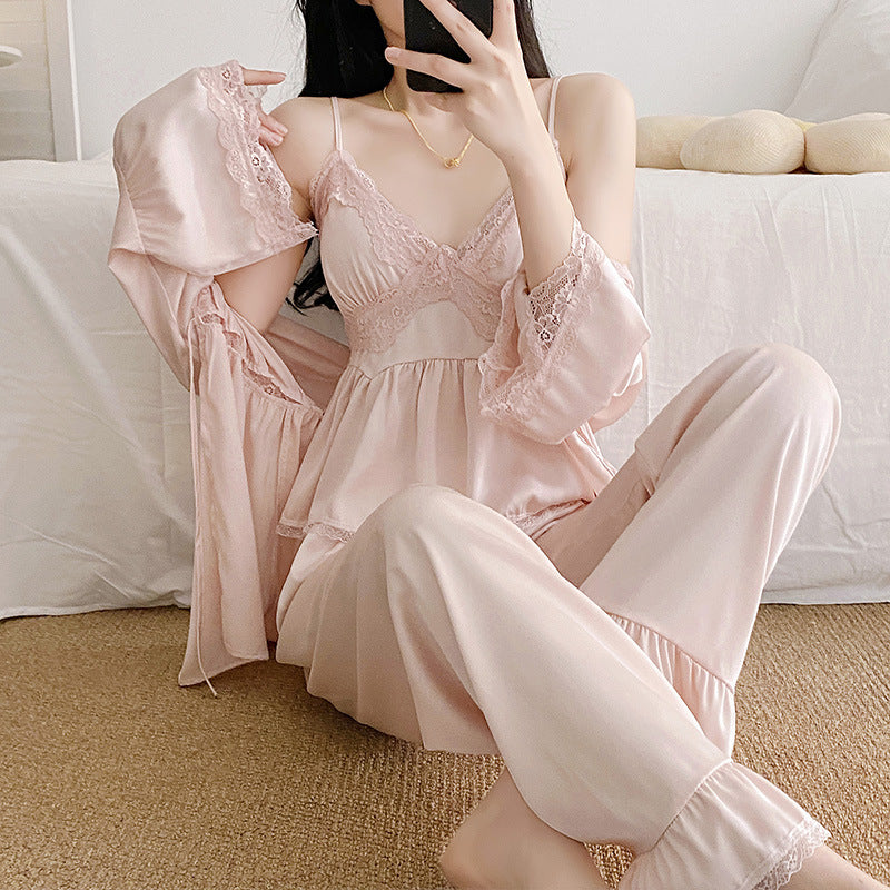 Thin Ice Silk V-Neck Women's Pajama Set, High-End Three-Piece Lounge Set Wearable Outdoors