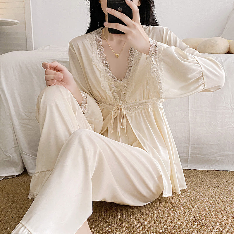 Thin Ice Silk V-Neck Women's Pajama Set, High-End Three-Piece Lounge Set Wearable Outdoors