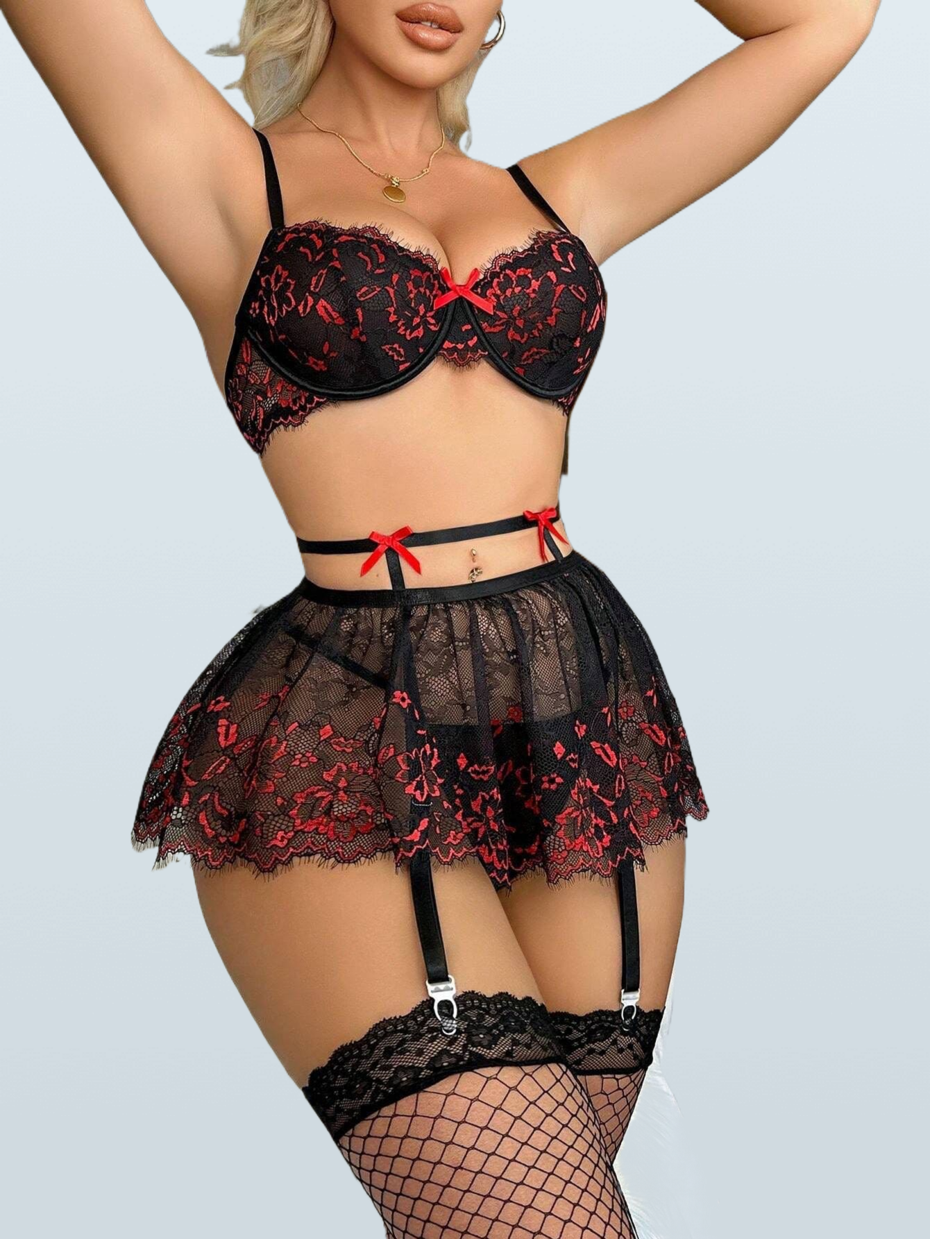 Sexy Lace Bra See-Through Skirt with Thong & Garter 4-Piece Set