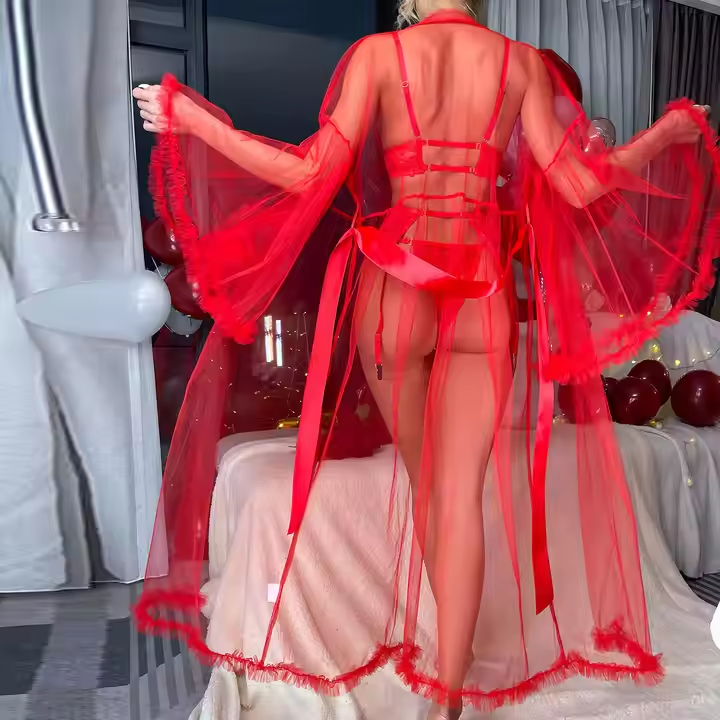 Bridal Sheer Mesh Fur Trim Belted Sleep Robe