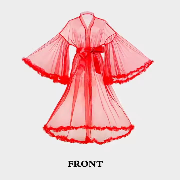 Bridal Sheer Mesh Fur Trim Belted Sleep Robe