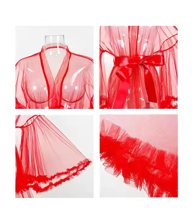 Bridal Sheer Mesh Fur Trim Belted Sleep Robe