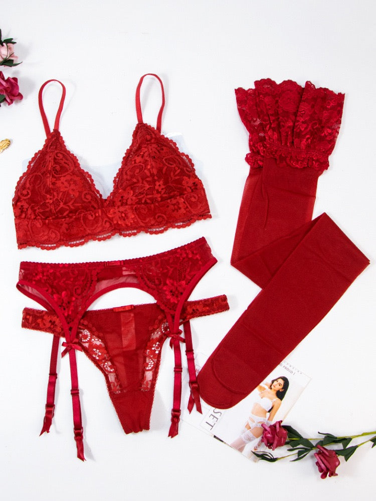 Red Lace Bra Set - Sexy Triangle Cup Push-Up Lingerie with Back Clasp