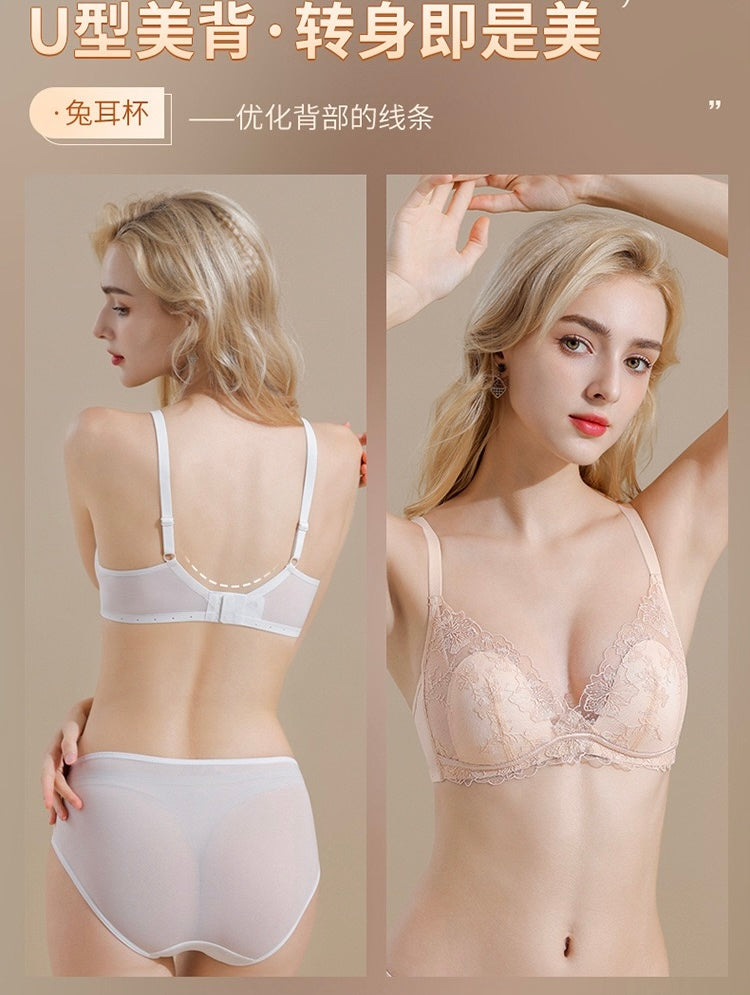 Lightweight Breathable Sexy Lace Bralette Panty Set Seamless Wireless Bunny Ear Cup French Style Minimizing Push Up Bra Comfortable for Large Bust