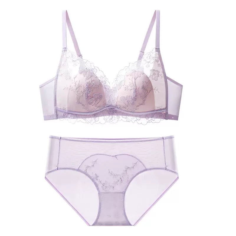 Lightweight Breathable Sexy Lace Bralette Panty Set Seamless Wireless Bunny Ear Cup French Style Minimizing Push Up Bra Comfortable for Large Bust