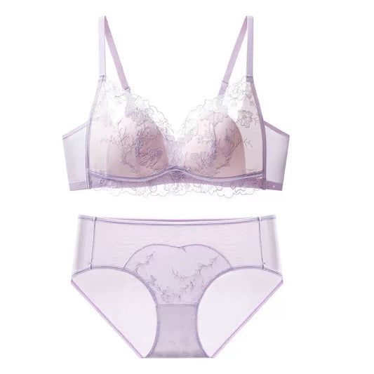 Lightweight Breathable Sexy Lace Bralette Panty Set Seamless Wireless Bunny Ear Cup French Style Minimizing Push Up Bra Comfortable for Large Bust