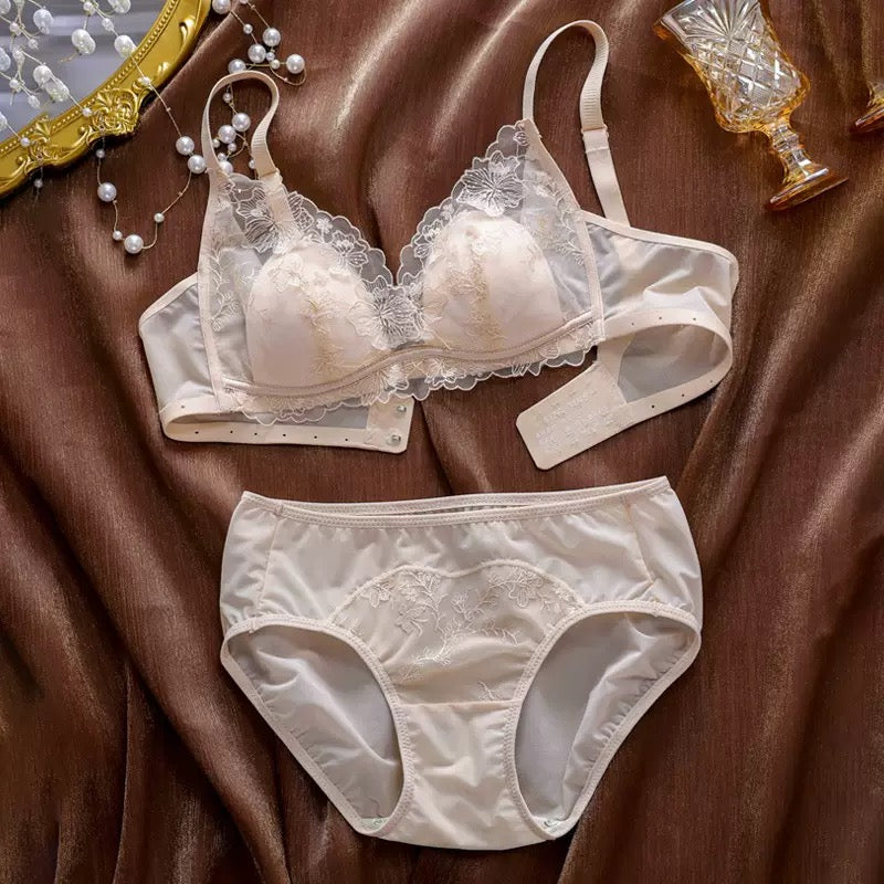 Lightweight Breathable Sexy Lace Bralette Panty Set Seamless Wireless Bunny Ear Cup French Style Minimizing Push Up Bra Comfortable for Large Bust