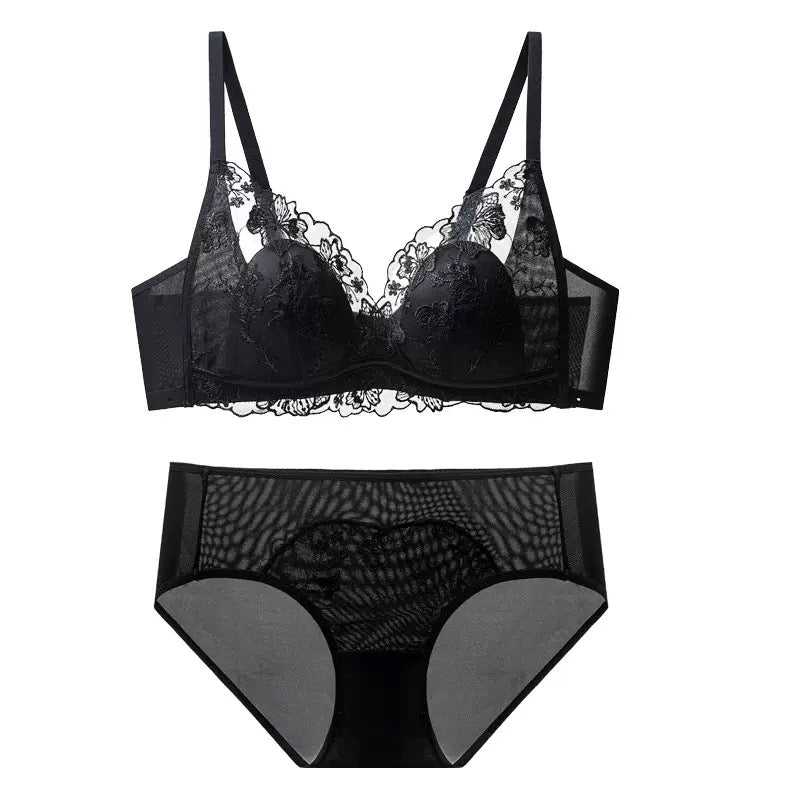 Lightweight Breathable Sexy Lace Bralette Panty Set Seamless Wireless Bunny Ear Cup French Style Minimizing Push Up Bra Comfortable for Large Bust