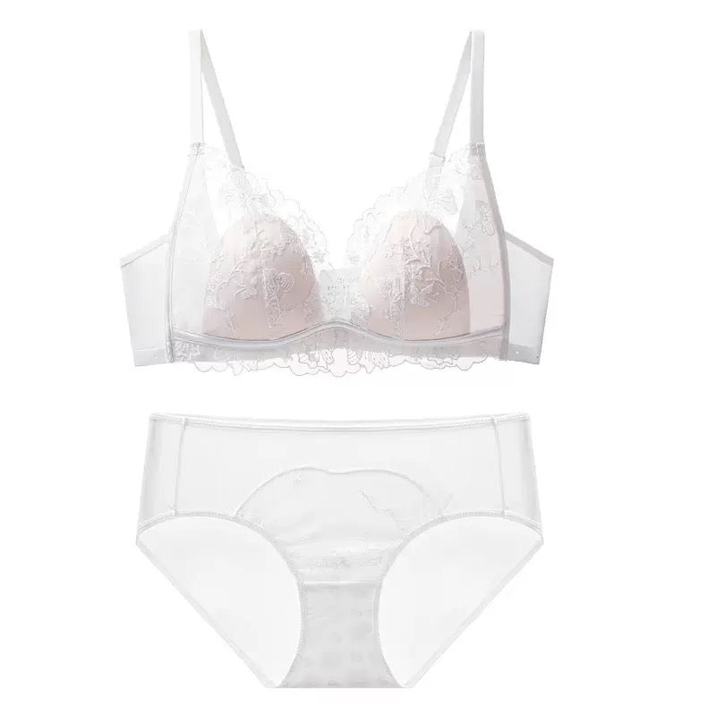 Lightweight Breathable Sexy Lace Bralette Panty Set Seamless Wireless Bunny Ear Cup French Style Minimizing Push Up Bra Comfortable for Large Bust