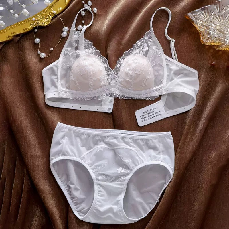 Lightweight Breathable Sexy Lace Bralette Panty Set Seamless Wireless Bunny Ear Cup French Style Minimizing Push Up Bra Comfortable for Large Bust