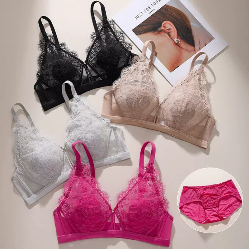 French-style Lace Backless Bra Set for Women - Minimizing Full-Coverage Deep V Sheer Lingerie