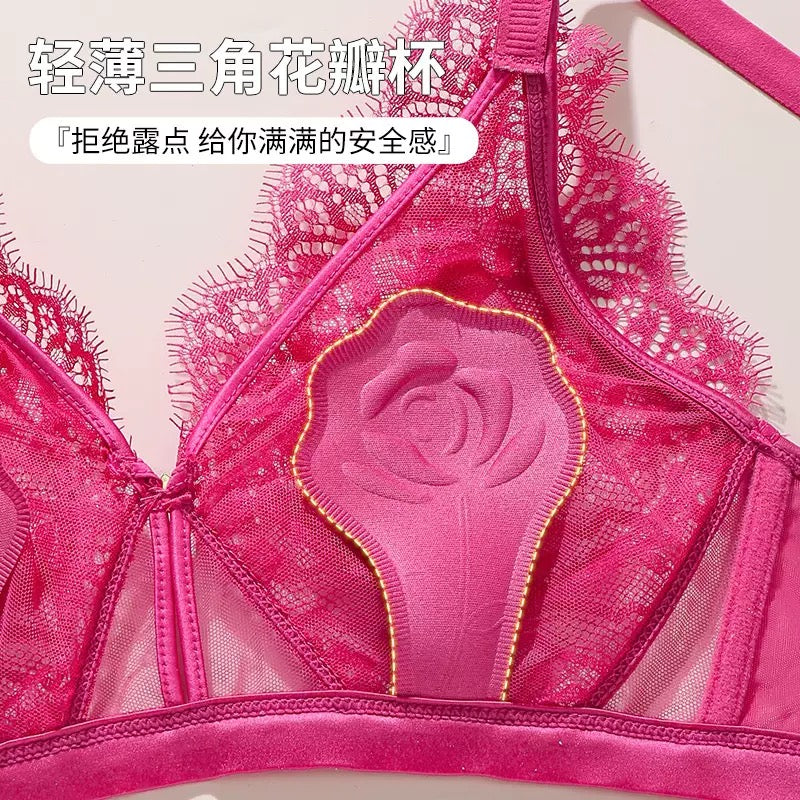 French-style Lace Backless Bra Set for Women - Minimizing Full-Coverage Deep V Sheer Lingerie