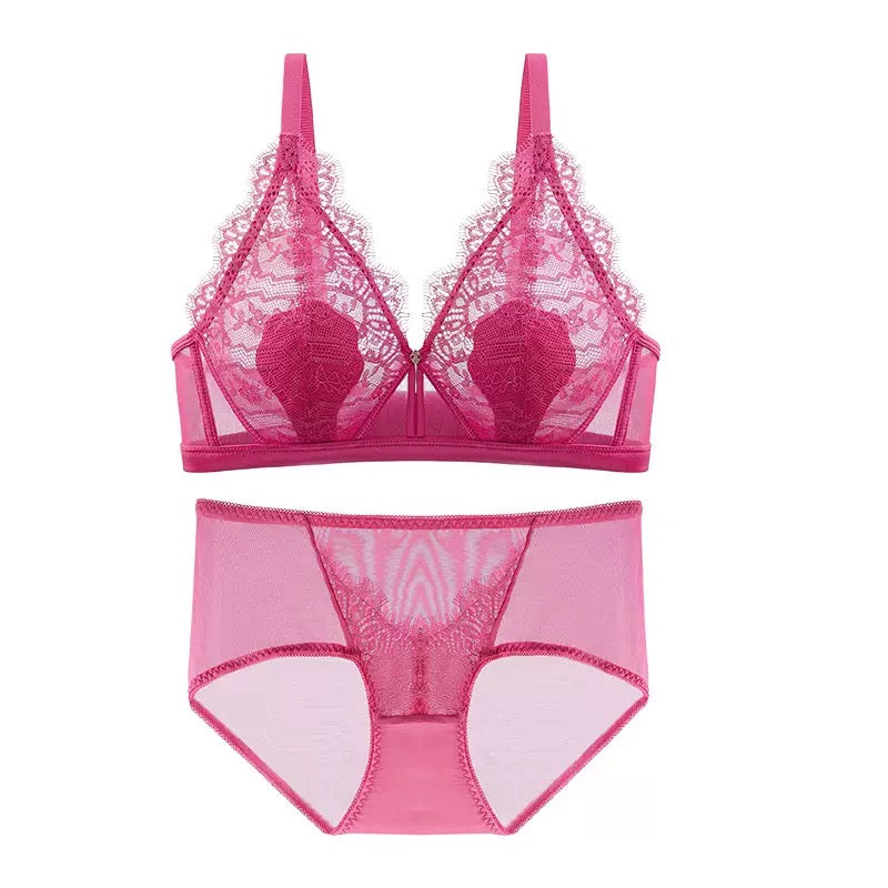 French-style Lace Backless Bra Set for Women - Minimizing Full-Coverage Deep V Sheer Lingerie