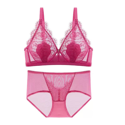 French-style Lace Backless Bra Set for Women - Minimizing Full-Coverage Deep V Sheer Lingerie