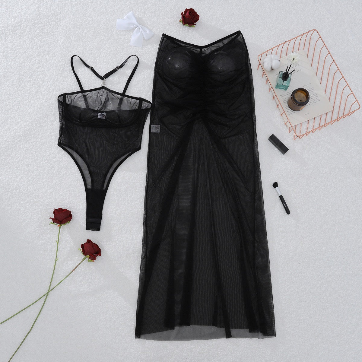 Sexy Designer Sheer Mesh Halter Bodysuit with Transparent Tulle Long Skirt Lingerie Set