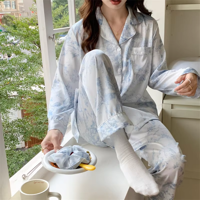 Silk Pajamas Lapel Long Sleeve Pants