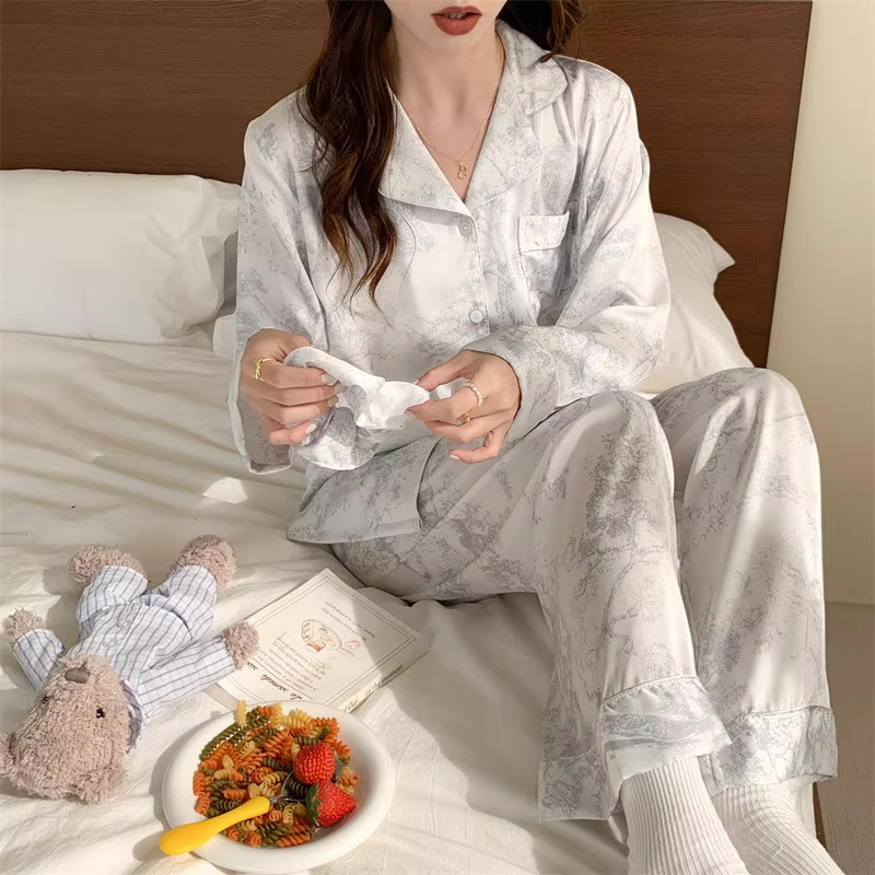 Silk Pajamas Lapel Long Sleeve Pants