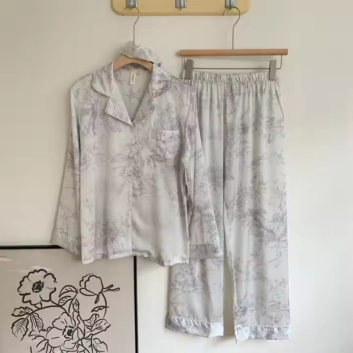 Silk Pajamas Lapel Long Sleeve Pants