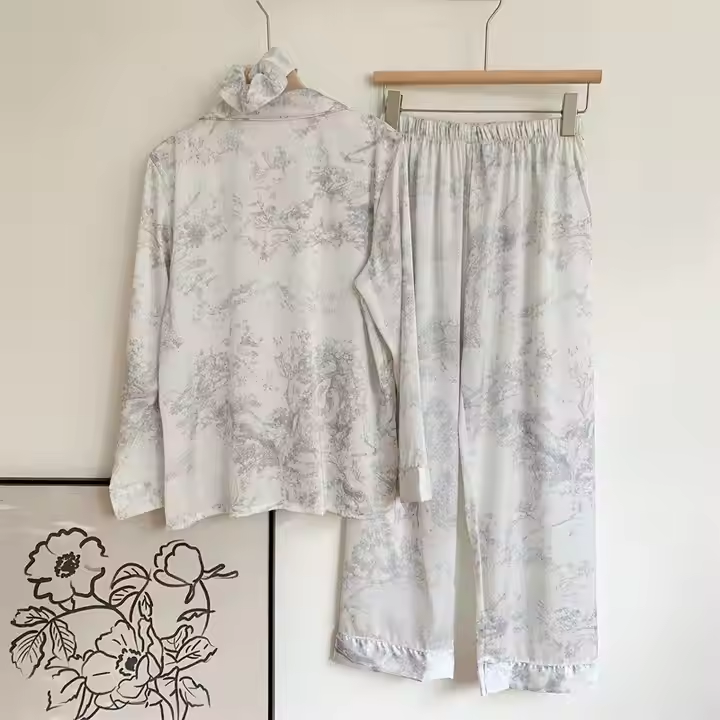 Silk Pajamas Lapel Long Sleeve Pants