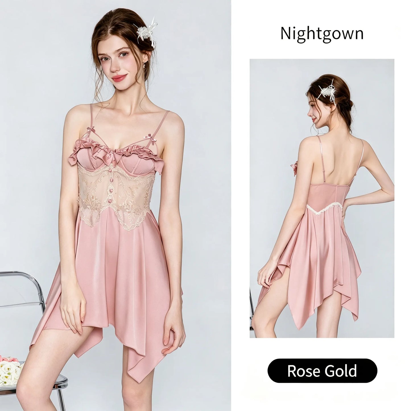 Satin Lace Camisole Sleepwear Set with Built-in Pads