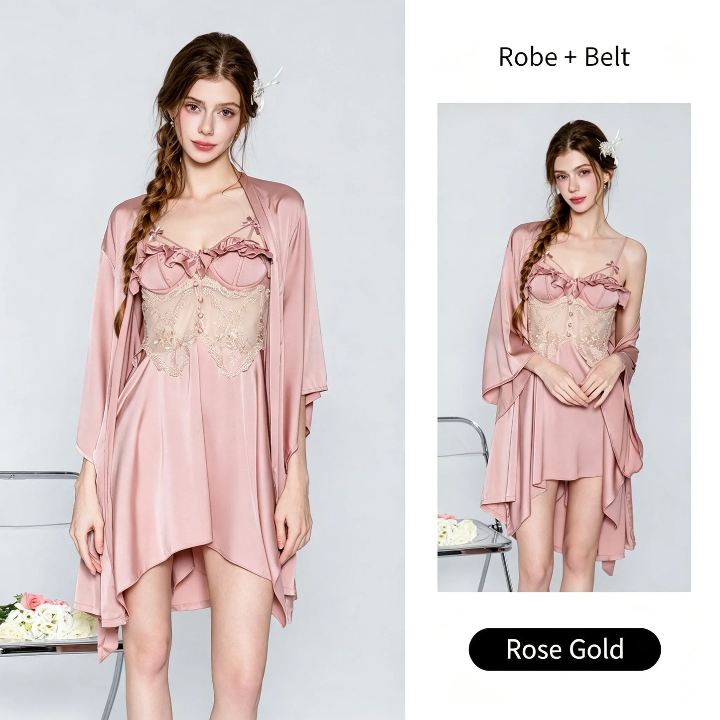 Satin Lace Camisole Sleepwear Set with Built-in Pads