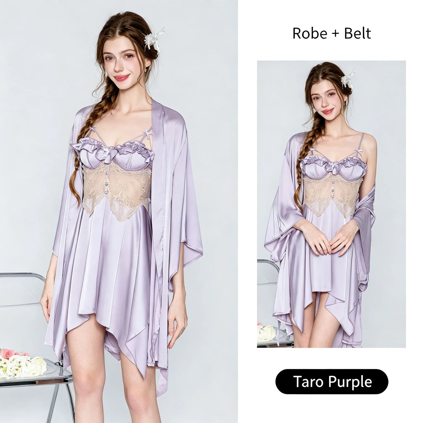 Satin Lace Camisole Sleepwear Set with Built-in Pads
