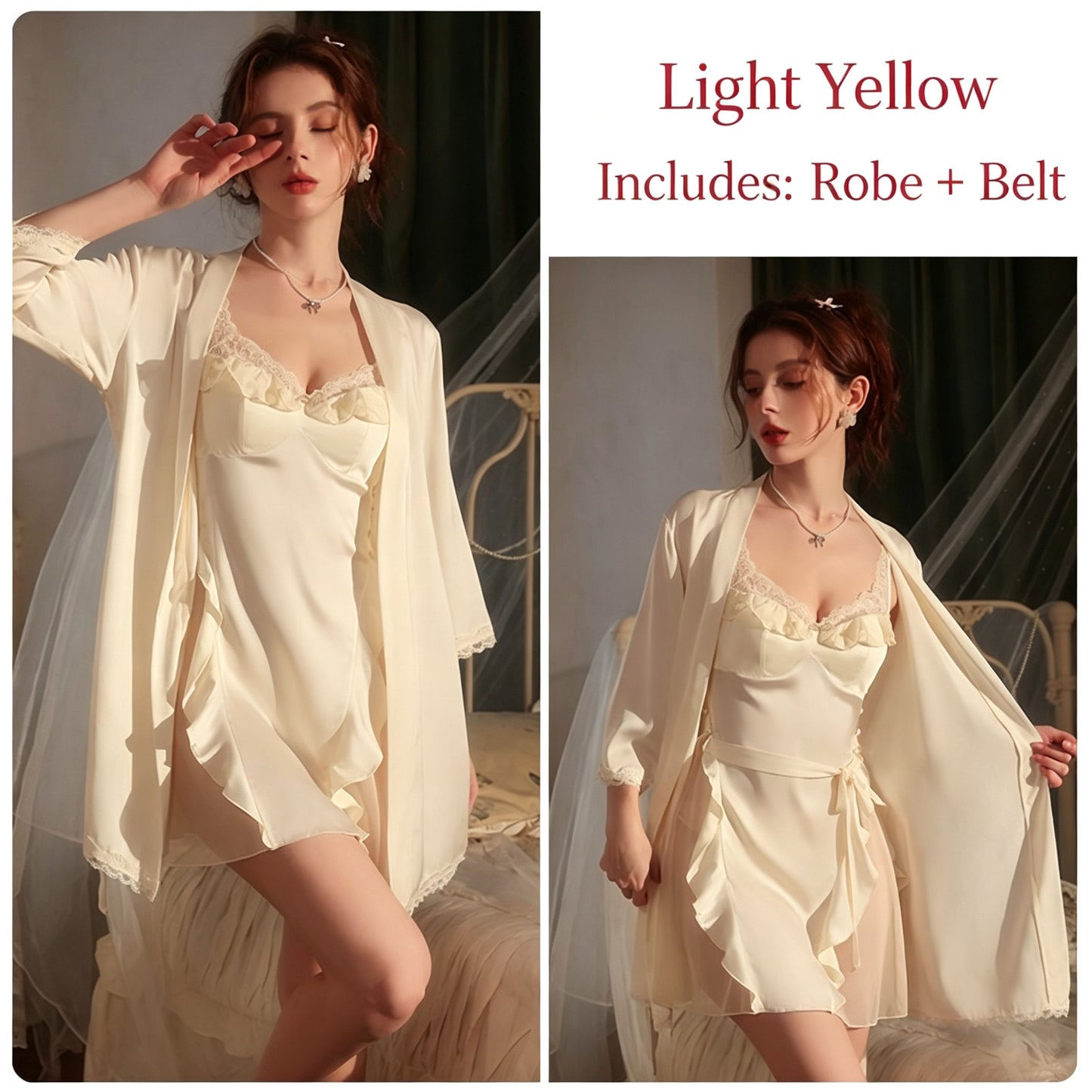 Satin Mesh Lace Trim Cami Sleepwear Set with Padded Bra
