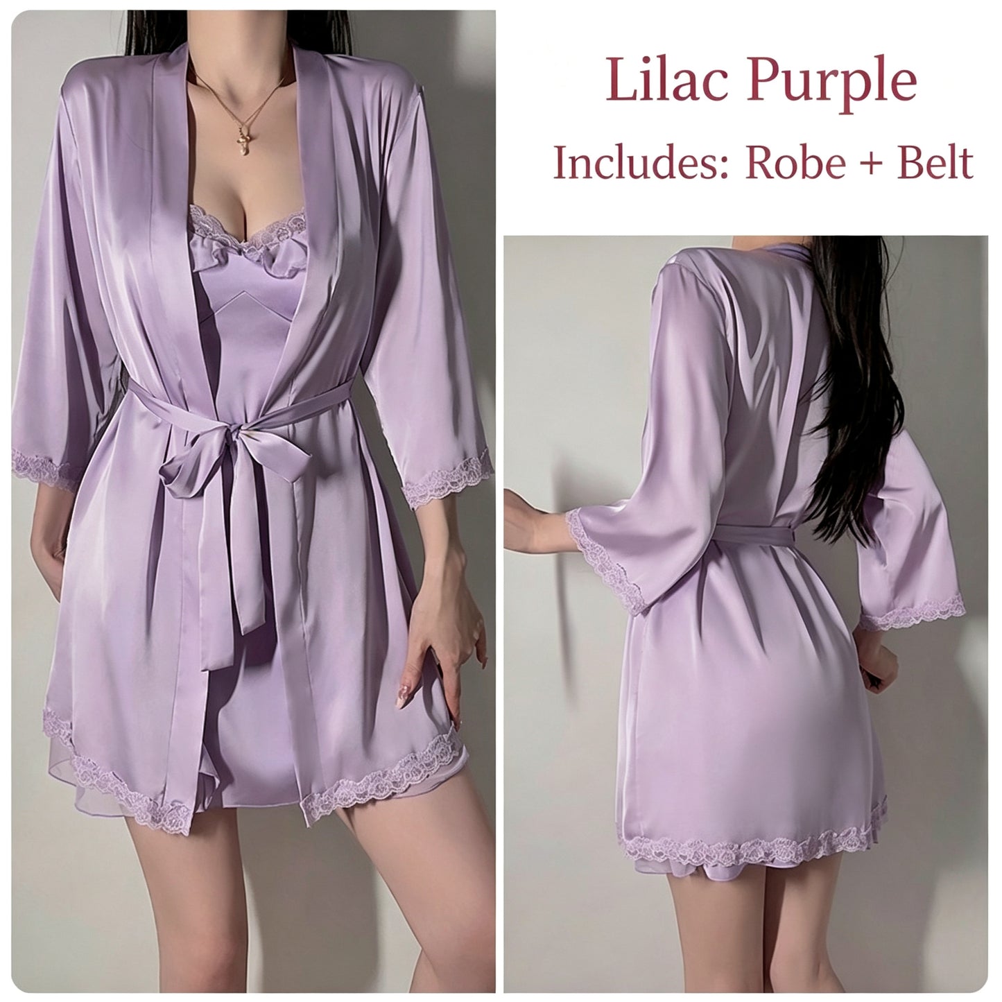 Satin Mesh Lace Trim Cami Sleepwear Set with Padded Bra