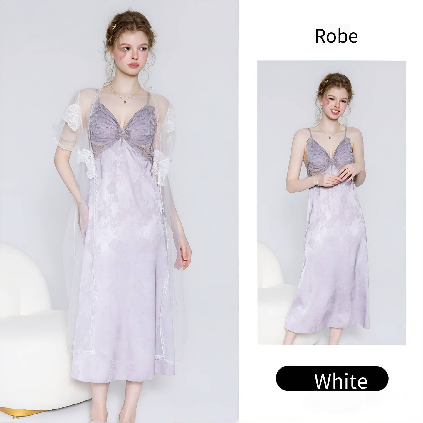 Deep V Butterfly Mesh Satin Nightgown Rode Loungewear Set
