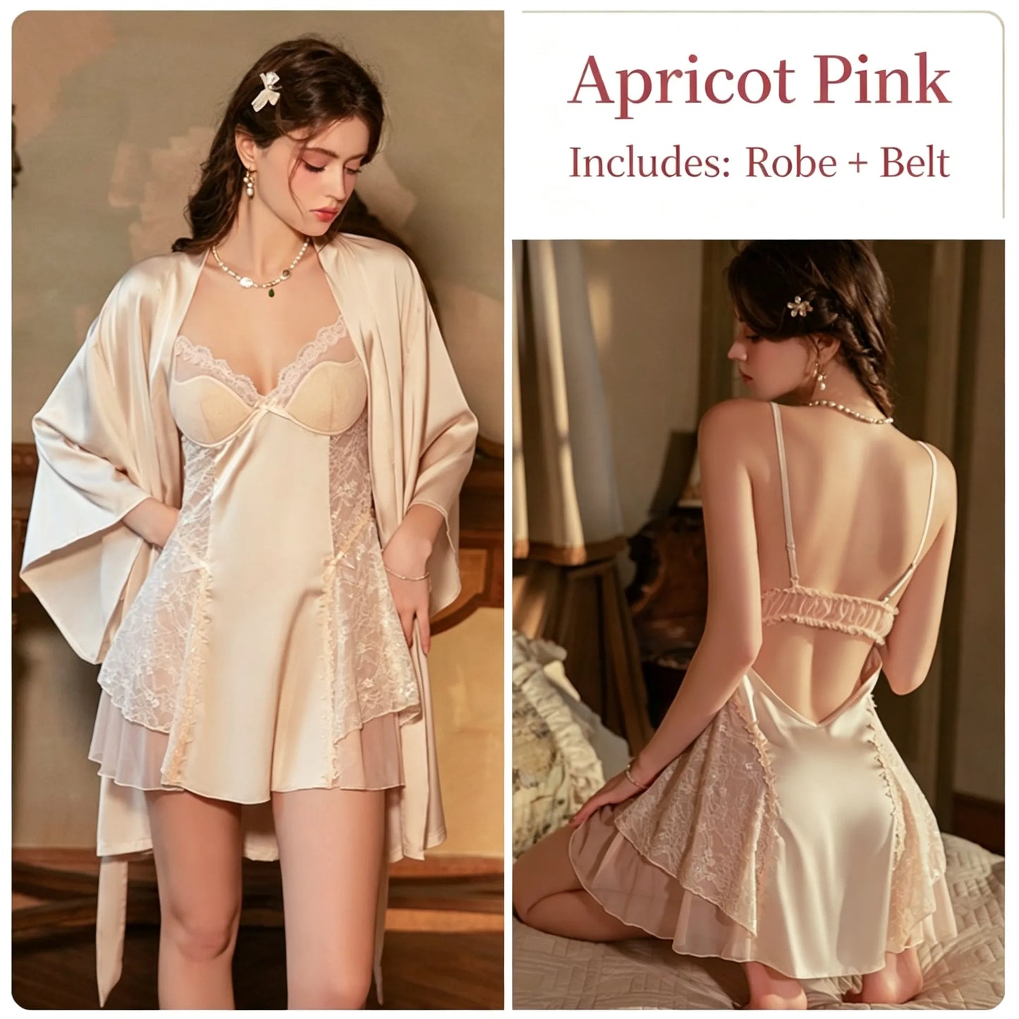 Satin Lace Trim Push-Up Sleepwear Robe Set