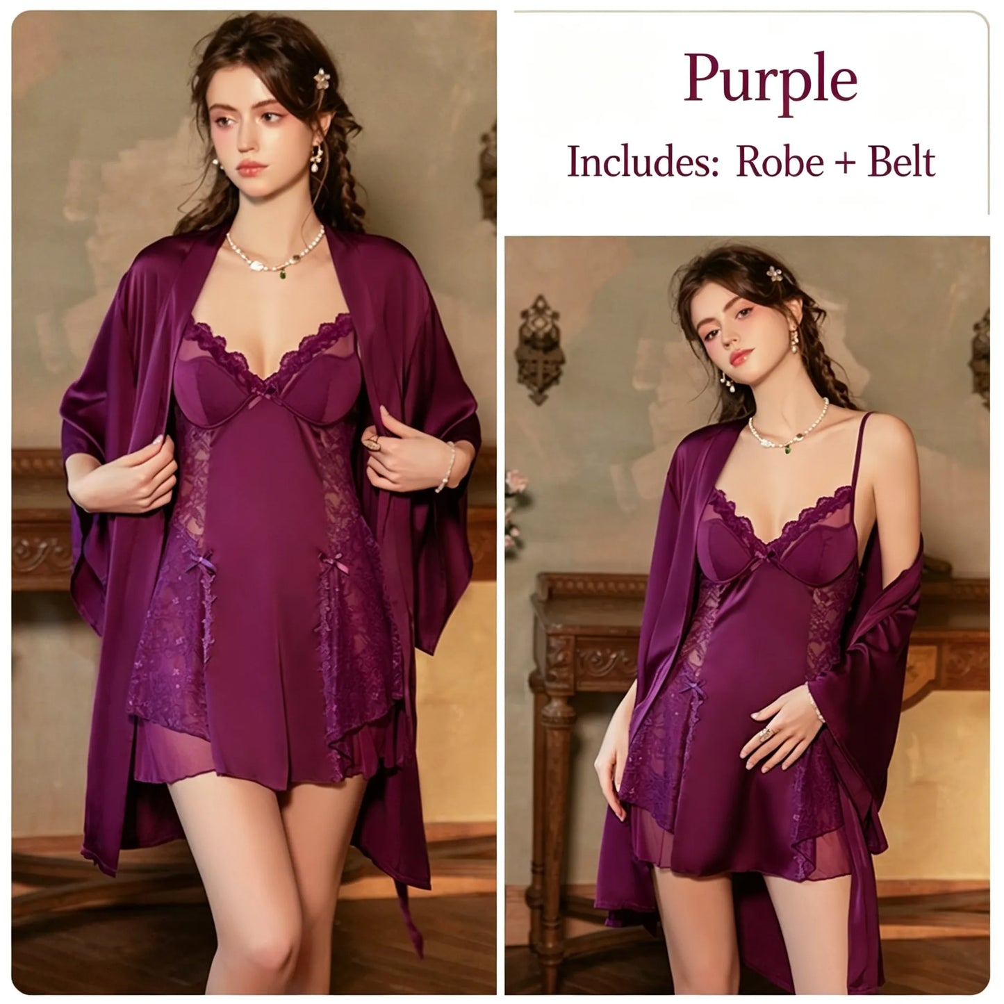 Satin Lace Trim Push-Up Sleepwear Robe Set
