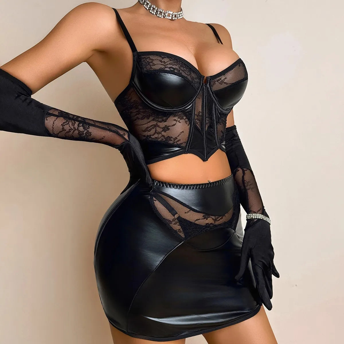 Black Lace & PU Leather 3-Piece Corset Set with Gloves