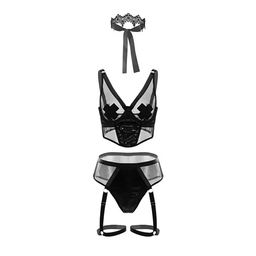 Sheer Lace Leather Deep V Cami Set