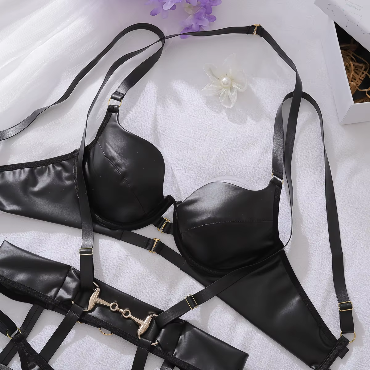3 PCS PU Leather Fetish Erotic Lingerie Set