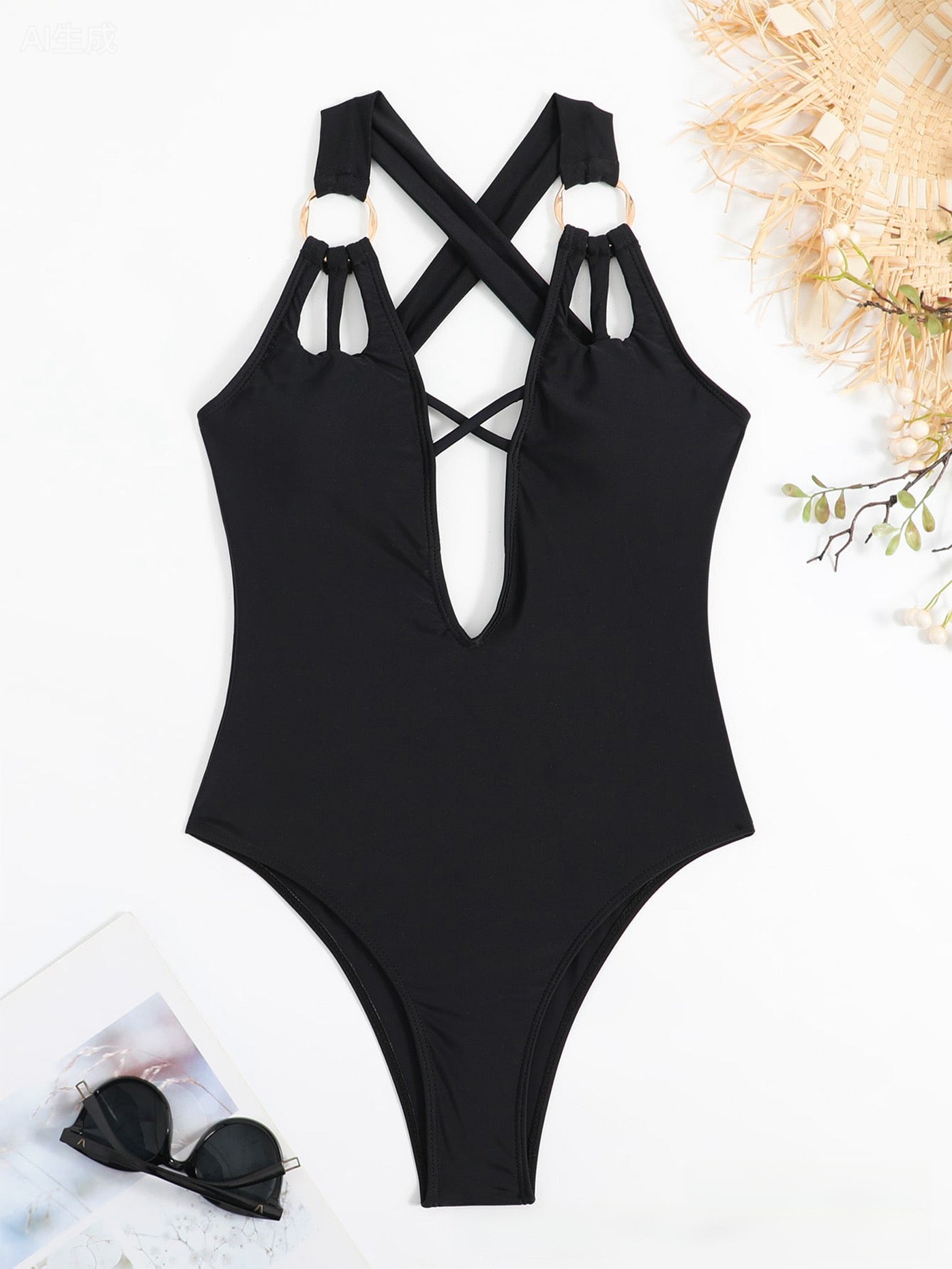 Sexy Solid-Color Back Cut-Out Strappy Bikini One-Piece Swimsuit