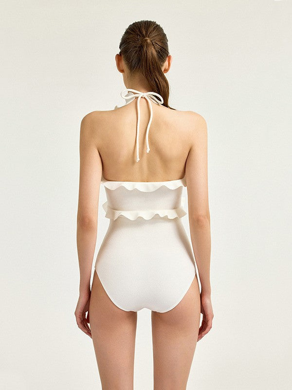 Solid-Color Simple Elegant Halter Tie-Front Push-Up Slimming Triangle Side Skirt Backless One-Piece Swimsuit