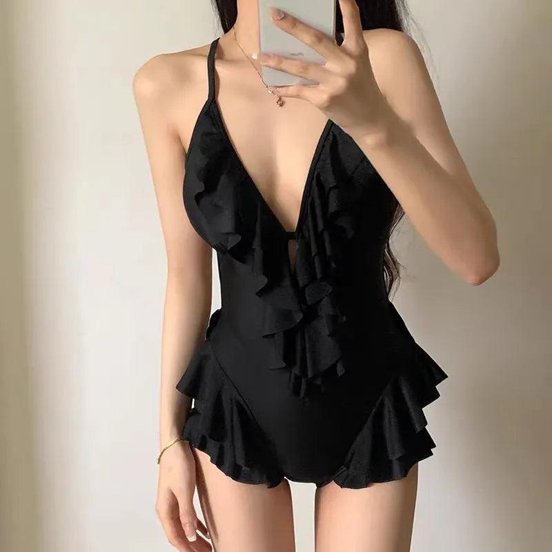 Black Deep V Ruffle One-Piece Swimsuit