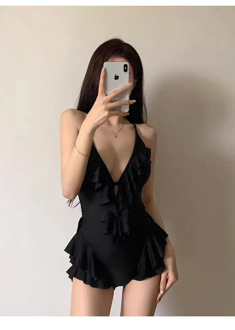 Black Deep V Ruffle One-Piece Swimsuit