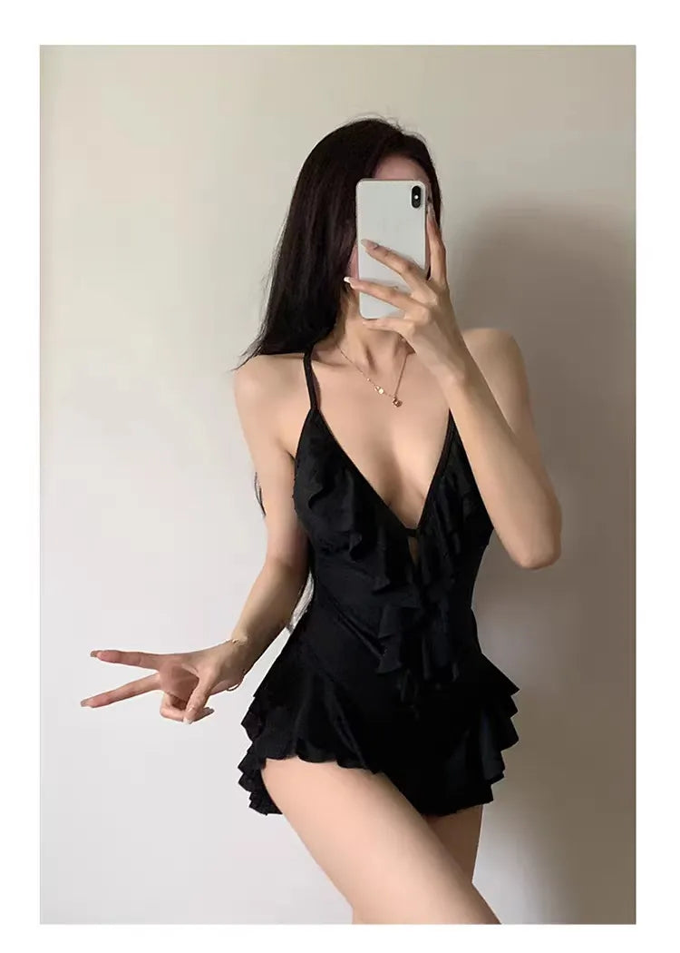 Black Deep V Ruffle One-Piece Swimsuit