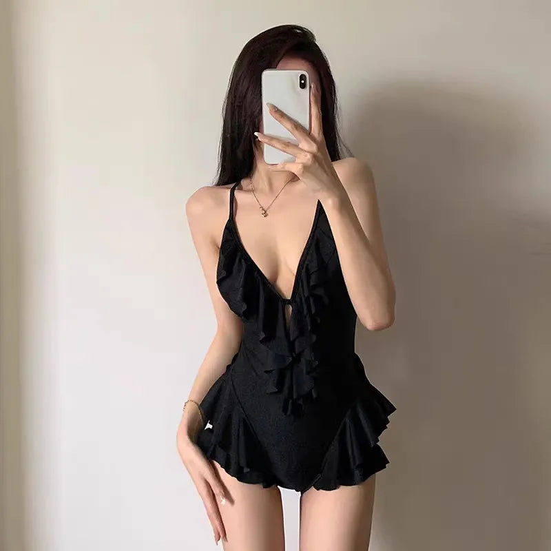 Black Deep V Ruffle One-Piece Swimsuit